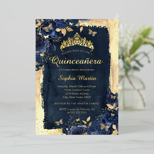 Elegante Bloemen Vlinder Marine Goud Quinceanera Folie Uitnodiging (Staand Voorkant)