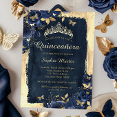 Elegante Bloemen Vlinder Marine Goud Quinceanera Folie Uitnodiging
