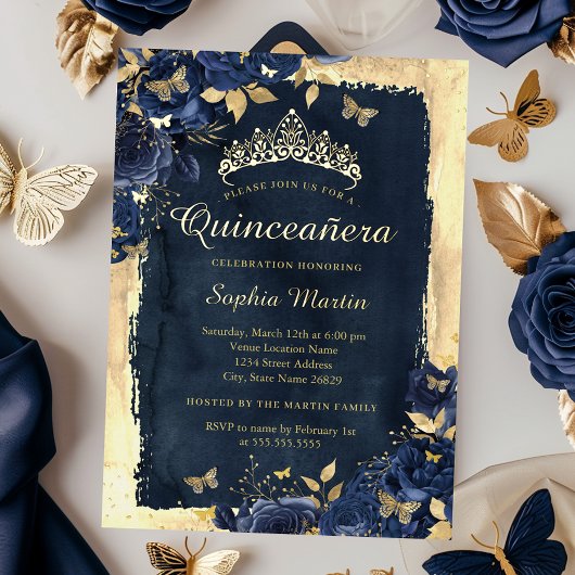 Elegante Bloemen Vlinder Marine Goud Quinceanera Folie Uitnodiging