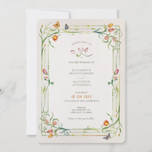 Elegante Bloemen Vlinder Waterverf Bruiloft Kaart (Voorkant)