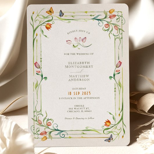 Elegante Bloemen Vlinder Waterverf Bruiloft Kaart