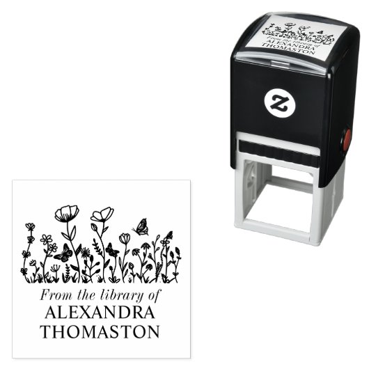 Elegante Bloemen, Vlinders Bibliotheek Boeknaam Zelfinktende Stempel (In situ)