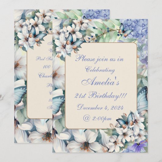 Elegante bloemen & vlinders verjaardag kaart (Voorkant / Achterkant)