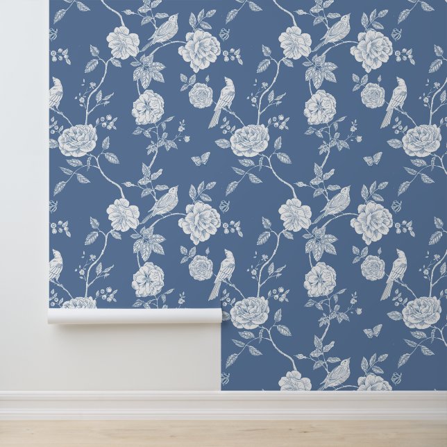 Elegante Bloemen Vogels Blauw Toile Behang (Applicatie)