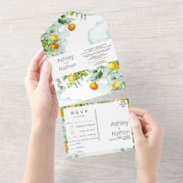 Elegante bloemen & vruchten aquarel zomer bruiloft all in one uitnodiging