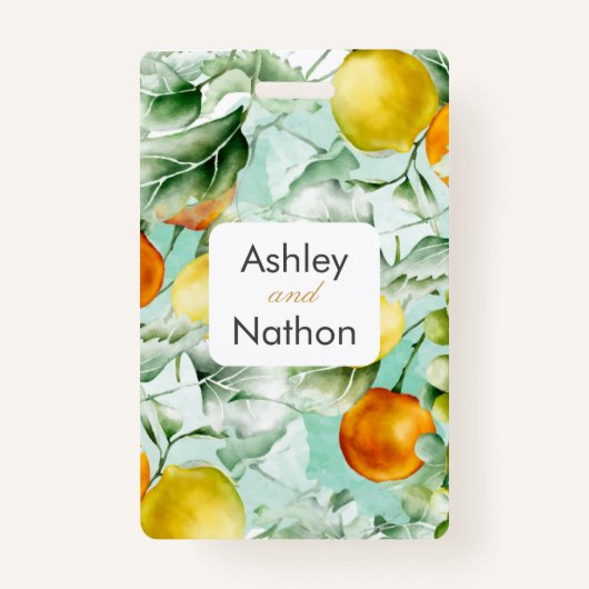 Elegante bloemen & vruchten aquarel zomer bruiloft badge (Voorkant)