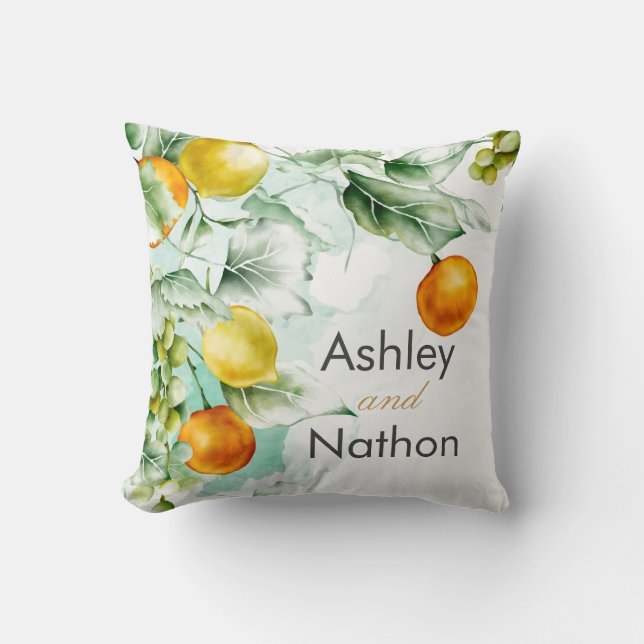 Elegante bloemen & vruchten aquarel zomer bruiloft kussen (Voorkant)