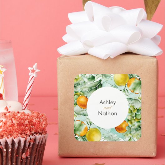 Elegante bloemen & vruchten aquarel zomer bruiloft vierkante sticker (Feest)