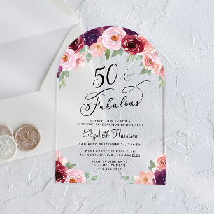 Elegante Bloemen Waterverf 50ste Verjaardag Party  Acryl Uitnodigingen