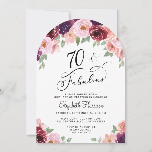 Elegante Bloemen Waterverf 70ste Verjaardag Party  Kaart (Voorkant)