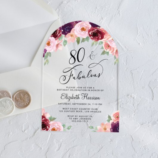 Elegante Bloemen Waterverf 80ste Verjaardag Party  Acryl Uitnodigingen