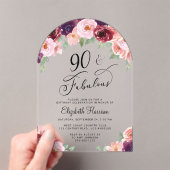 Elegante Bloemen Waterverf 90ste Verjaardag Party  Acryl Uitnodigingen (Insitu (Draagbaar))