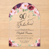 Elegante Bloemen Waterverf 90ste Verjaardag Party  Acryl Uitnodigingen (Voorkant)