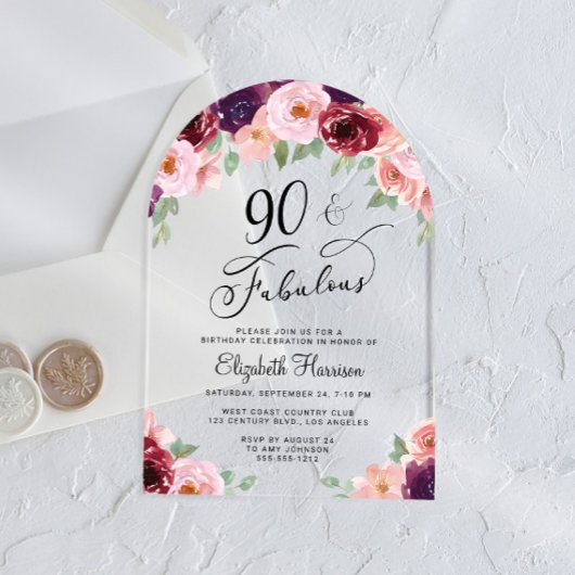 Elegante Bloemen Waterverf 90ste Verjaardag Party  Acryl Uitnodigingen