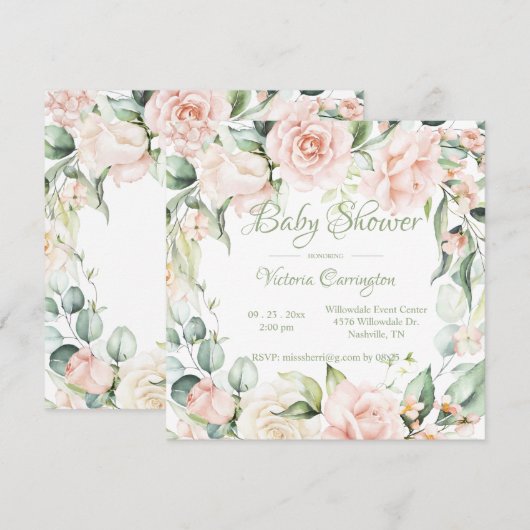 Elegante Bloemen Waterverf Baby shower Uitnodiging (Voorkant / Achterkant)