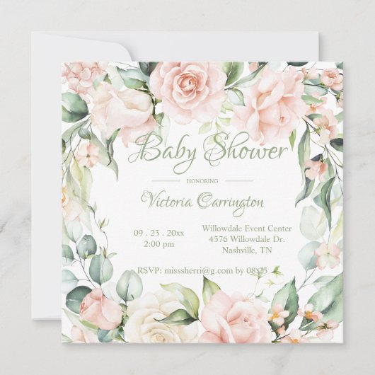 Elegante Bloemen Waterverf Baby shower Uitnodiging (Voorkant)