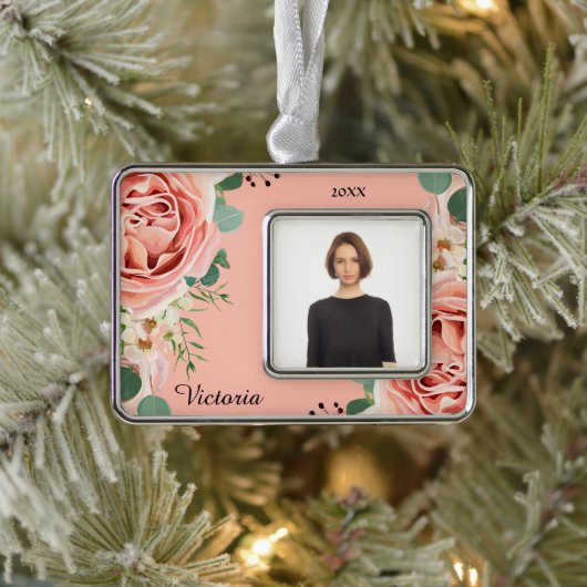 Elegante Bloemen Waterverf Bloem Roze Foto Custom Verzilverd Omlijst Ornament (Boom)
