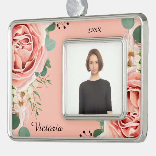 Elegante Bloemen Waterverf Bloem Roze Foto Custom Verzilverd Omlijst Ornament (Links)