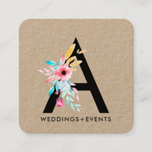 Elegante bloemen waterverf bloemen monogram kraft vierkante visitekaartje