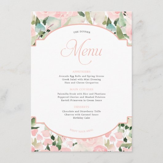 Elegante Bloemen Waterverf Blush Pink Party Menu (Voorkant)