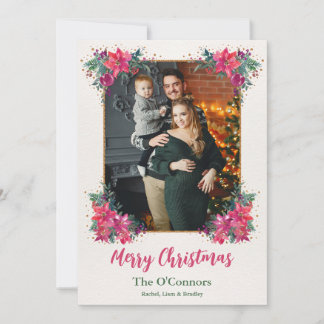 Elegante Bloemen Waterverf Boho Kerstfoto Feestdagenkaart