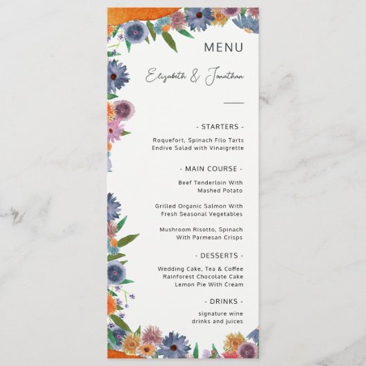 Elegante Bloemen Waterverf Boho Widflower Bruiloft Menu (Voorkant)