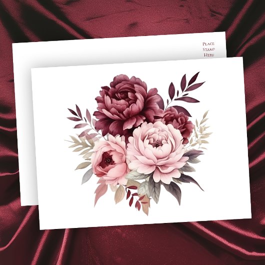 Elegante Bloemen Waterverf Bourgondische pioen bru Briefkaart