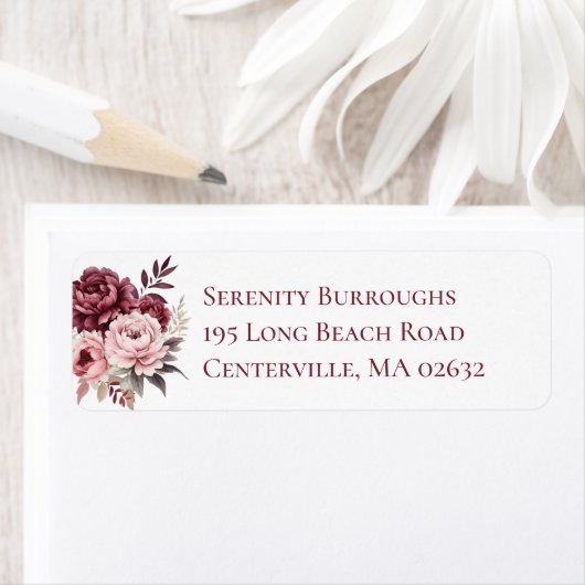 Elegante Bloemen Waterverf Bourgondische pioen bru Etiket (Insitu)