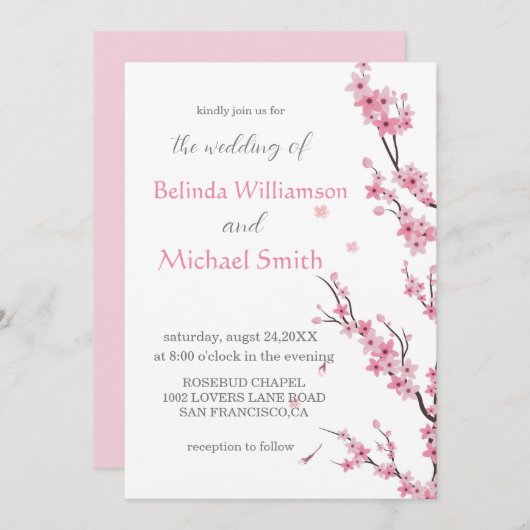 Elegante Bloemen Waterverf Cherry Blossom Bruiloft Kaart (Voorkant / Achterkant)