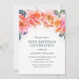 Elegante Bloemen Waterverf Roos 50ste Verjaardag P Kaart