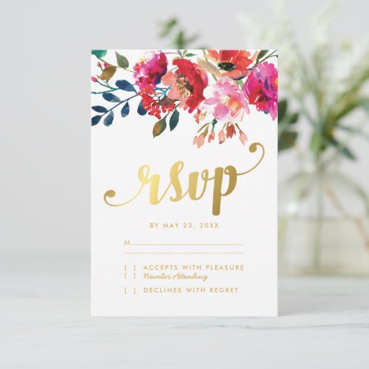 Elegante Bloemen Waterverf Wit Goud Huwelijk RSVP (Staand voorkant)