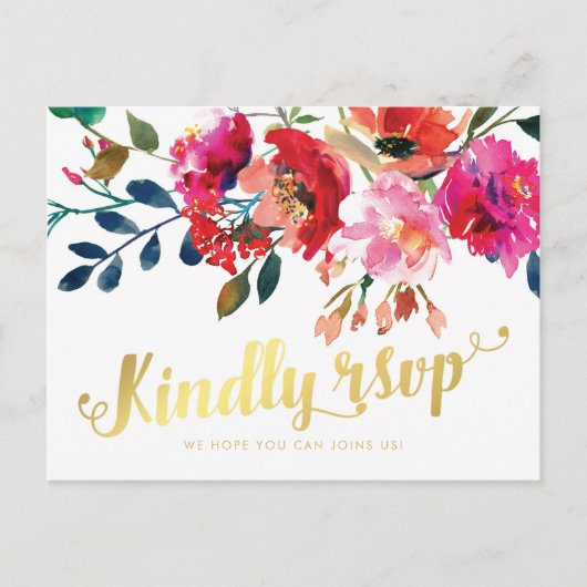 Elegante Bloemen Waterverf Wit Goud Huwelijk RSVP Uitnodiging Briefkaart (Voorkant)