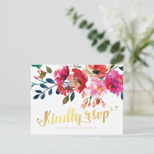 Elegante Bloemen Waterverf Wit Goud Huwelijk RSVP Uitnodiging Briefkaart (Staand voorkant)
