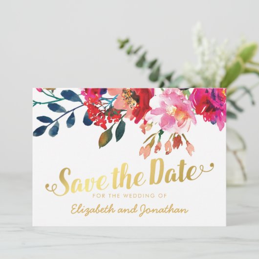 Elegante Bloemen Waterverf Wit Goud Save the Date (Staand voorkant)