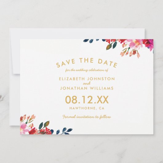 Elegante Bloemen Waterverf Wit Goud Save the Date (Achterkant)