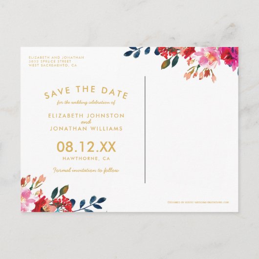 Elegante Bloemen Waterverf Wit Goud Save the Date Aankondigingskaart (Achterkant)