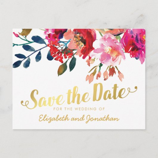 Elegante Bloemen Waterverf Wit Goud Save the Date Aankondigingskaart (Voorkant)