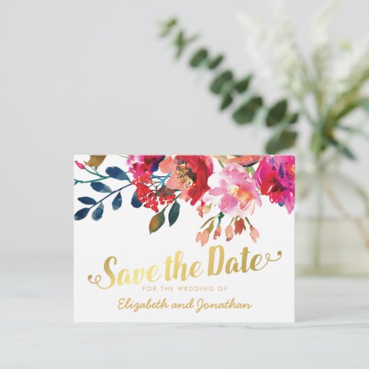 Elegante Bloemen Waterverf Wit Goud Save the Date Aankondigingskaart (Staand voorkant)