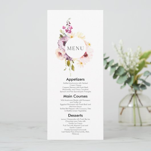 Elegante Bloemen Wedding Menu Uitnodiging (Staand voorkant)