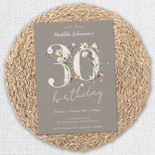 Elegante Bloemen Wildbloemen 30e Verjaardagsfeestj Kaart