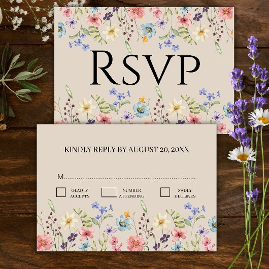 Elegante Bloemen Wildflower Beige Bruiloft RSVP