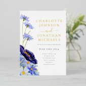 Elegante Bloemen Wildflower Blauw en Goud Folie Uitnodiging (Staand Voorkant)