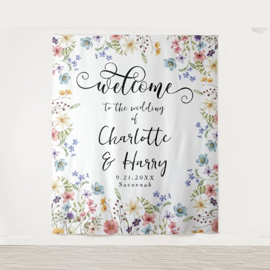 Elegante Bloemen Wildflower Bruiloft Achtergrond B Wandkleed (Voorkant)