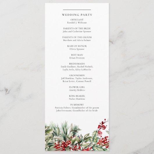 Elegante Bloemen Winter Kerstbruiloft Programmakaart (Achterkant)