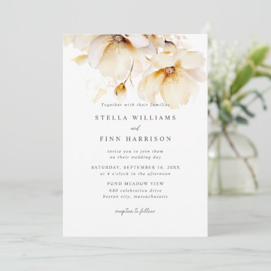 Elegante bloemen Wit Geel Goud bruiloft Kaart (Staand voorkant)