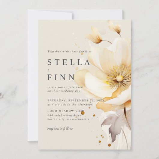 Elegante Bloemen Wit Geel Goud QR Code Huwelijk Kaart (Voorkant)