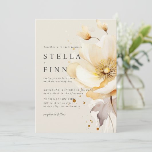 Elegante Bloemen Wit Geel Goud QR Code Huwelijk Kaart (Staand voorkant)