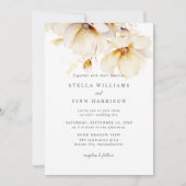 Elegante Bloemen Wit Geel Goud QR Code Huwelijk Kaart (Voorkant)