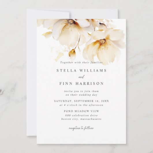 Elegante Bloemen Wit Geel Goud QR Code Huwelijk Kaart (Voorkant)