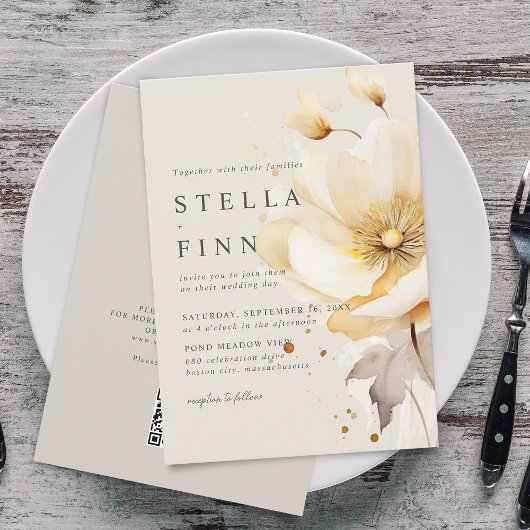 Elegante Bloemen Wit Geel Goud QR Code Trouwen Kaart